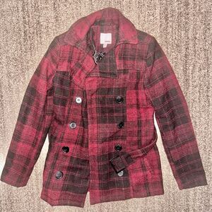 Bongo Women's Double Breasted Red Plaid Button Pea Coat Size Small
